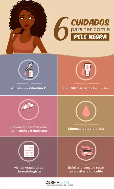 Infografico sobre 6 cuidados para ter com a pele negra