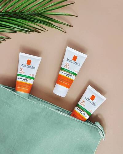 Protetores solares da linha Anthelios da La Roche-Posay, com diferentes texturas e niveis de protecao.