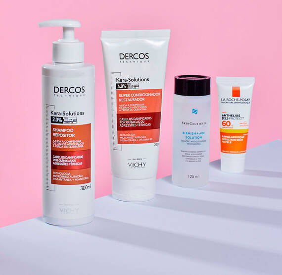 Produtos do Dermaclub como shampoo e leave-in Kera Solutions da Vichy, tonico facial e protetor solar facial