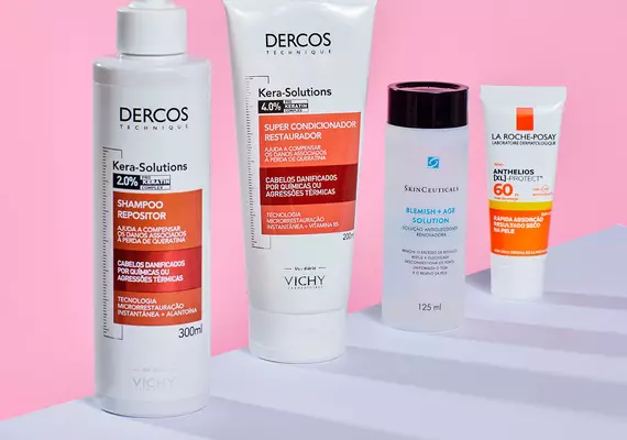 Produtos do Dermaclub como shampoo e leave-in Kera Solutions da Vichy, tonico facial e protetor solar facial