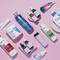 Kit de skincare com produtos Dermaclub em fundo rosa