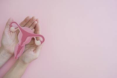 Maos segurando uma animacao de um utero com HPV