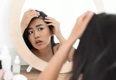 mulher jovem de ascendencia asiatica olhando preocupada no espelho analisando seu couro cabeludo em busca de queda de cabelo por conta de Ozempic