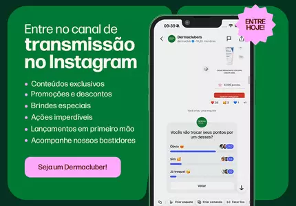 Banner do canal de transmissao do Dermaclub no Instagram, com promocoes exclusivas, conteudos especiais e acesso antecipado a lancamentos