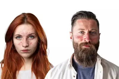 Exemplos de rosacea no rosto com vermelhidao e lesoes na pele