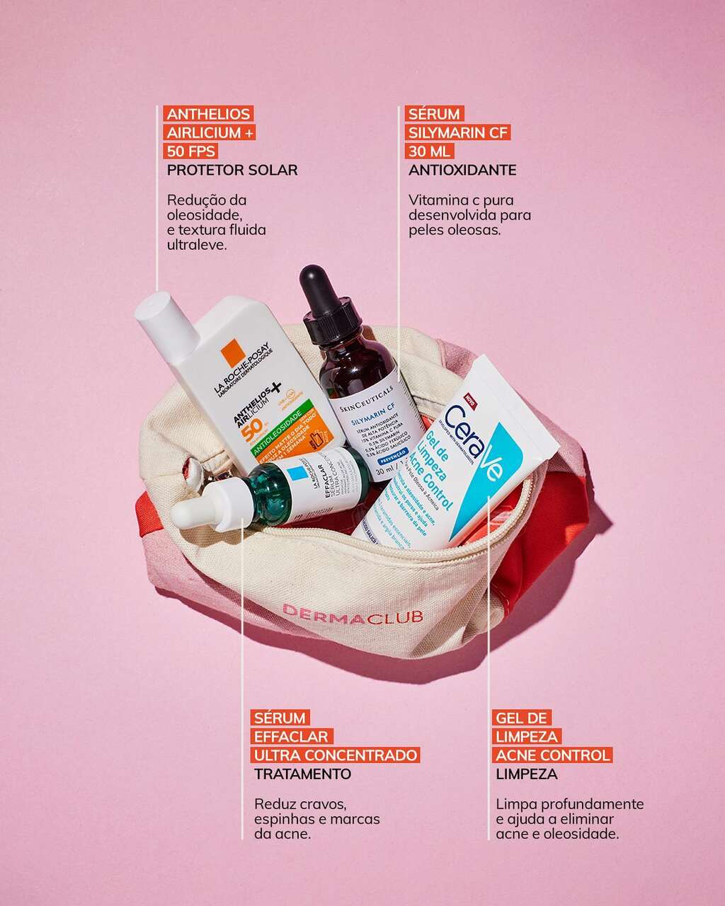 Produtos com ácido salicílico e protetor solar para sua rotina na necessaire de Dermaclub